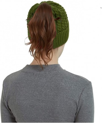 Skullies & Beanies Womens Ponytail Messy Bun Beanie Winter Warm Stretchy Cable Knit Cuffed Beanie Hat Cap - Olive Green - CK1...