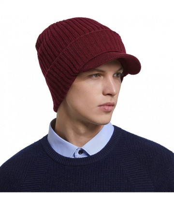 Skullies & Beanies Men's Soild 100% Australian Merino Wool Knit Visor Beanie Hat with Visor Warm Skull Caps Headwear - Burgun...