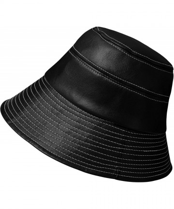 Bucket Hats Women's Rain Hats Waterproof Lightweight Leather Black Bucket Style Hat Cap Wide Brim Bucket Hat Rain Cap - Black...
