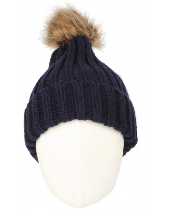 Skullies & Beanies Trendy Ribbed Knitted Fur Pom Pom Beanie Hat Slouchy CR5146 - Navy - CI18LD36ROK $18.83