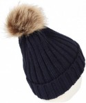 Skullies & Beanies Trendy Ribbed Knitted Fur Pom Pom Beanie Hat Slouchy CR5146 - Navy - CI18LD36ROK $18.83