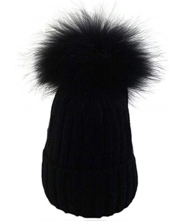 Skullies & Beanies Womens Girls Knitted Fur Hat Real Large Silver Fox Fur Pom Pom Beanie Hats - Black With Black Pom - CK18L8...
