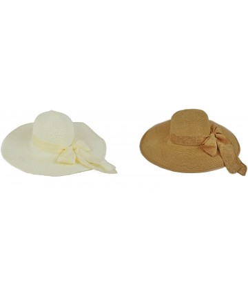 Sun Hats Women Cool Summer Floppy Wide Brim Straw Hat with Ribbon 964SH - Off White & Brown - CP11YXGCXMH $29.98