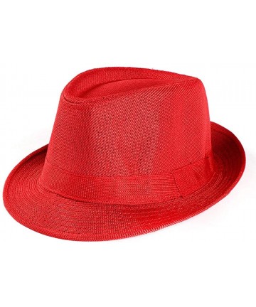 Sun Hats Unisex Trilby Straw Fedora Outdoor Beach Cap Panama Solid Color Sun Hat for Men Women - Red - CD18RQS38U2 $11.54