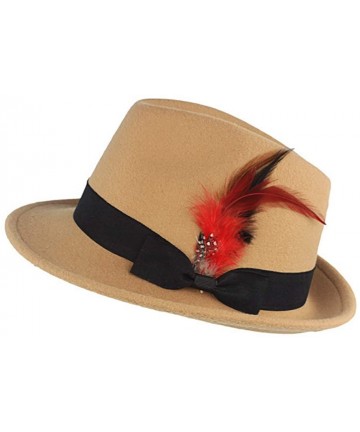Fedoras Wool-Like Fedora hat Felt Hat Vintage Hats with Feather Wide Brim Gentleman Jazz Cap for Men Women - Khaki - C018LANS...