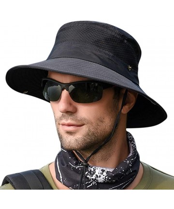 Sun Hats Men's Outdoor Waterproof Fishing Hat UPF 50+ Bucket Sun Hat Mesh Sun Block Cap - Black - CJ18S9R32KH $14.11
