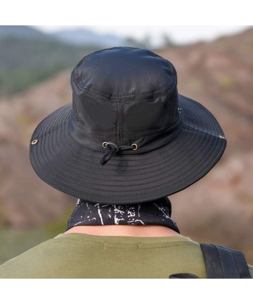 Sun Hats Men's Outdoor Waterproof Fishing Hat UPF 50+ Bucket Sun Hat Mesh Sun Block Cap - Black - CJ18S9R32KH $14.11