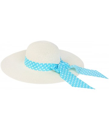 Sun Hats Princess Polka Dot Bow Natural Floppy Wide Brim Straw Beach Sun Hat -Diff Colors - Light Blue - C5125TKHO5L $15.65
