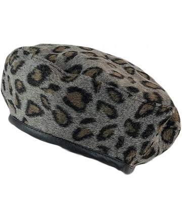 Berets Fashion Lady Leopard Print Beret Hat Wool Warm Plain Beanie Hat Cap - Greys - CM18LGDDOZ8 $16.96