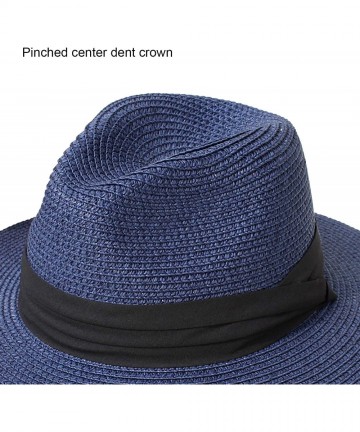 Sun Hats Women Straw Panama Hat Fedora Beach Sun Hat Wide Brim Straw Roll up Hat UPF 30+ - Fedora Navy a - CE1922U8WWD $23.52