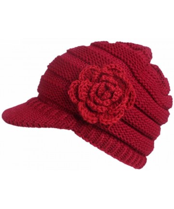 Berets Womens Winter Knitting Hat Flower Print Berets Turban Brim Hat Solid Color Cap - Red - CL18L0ZOIXY $11.48