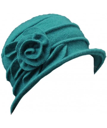Skullies & Beanies Women 100% Wool Felt Round Top Cloche Hat Fedoras Trilby with Bow Flower - A2 Green - C2185AOH2YE $23.85