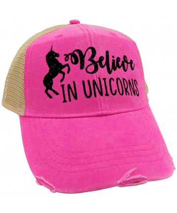 Baseball Caps Women's Believe in Unicorns- Unicorn- Trucker Baseball Cap - Hotpink/Blackglitter - C518COWT6IN $33.97