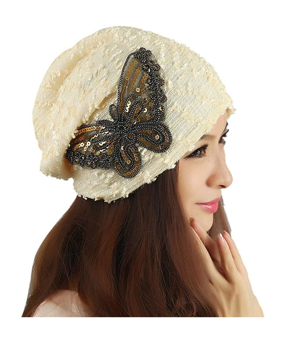 Berets Women's Winter hat Lace Butterfly Beanie Lady Skullies Turban Cap - Beige - CU12N8SPB6W $11.31