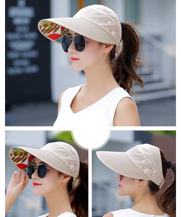 Sun Hats Women's UV Protection Wide Brim Cap Packable Visor Summer Beach Sun Hats - Beige (Flowers) - CI18D2K3YS6 $13.77
