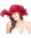 Sun Hats Women Church Hats Ruffles Brim Kentucky Derby Hats Floral Bridal Cap Sun Hat - Winered - C718RW7ENQ7 $16.13
