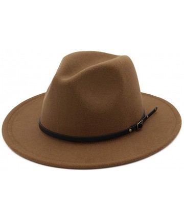 Fedoras Womens Classic Wide Brim Floppy Panama Hat Belt Buckle Wool Fedora Hat - Brown - CW18SK0WT5X $13.66