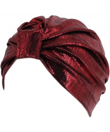 Sun Hats Shiny Metallic Turban Cap Indian Pleated Headwrap Swami Hat Chemo Cap for Women - Wine Red Knot - CV1925D7HHS $15.39