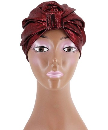 Sun Hats Shiny Metallic Turban Cap Indian Pleated Headwrap Swami Hat Chemo Cap for Women - Wine Red Knot - CV1925D7HHS $15.39