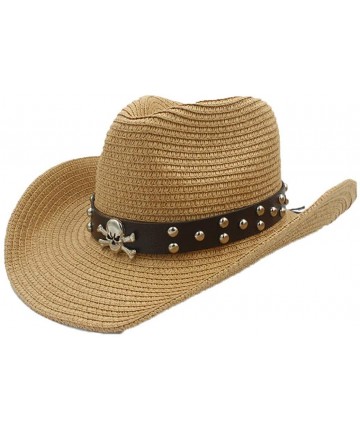 Cowboy Hats Unisex Wide Brim Straw Cowboy Hat Summer Outback Beach Sun Cap with Leather Belt - Light Coffee - CA18S5T6UKH $58.56