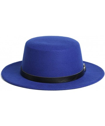 Fedoras Women's Brim Fedora Wool Flat Top Hat Church Derby Belt Cap - Blue - CQ18AOT0AGL $20.97