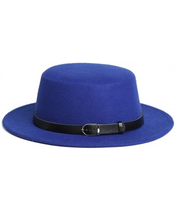 Fedoras Women's Brim Fedora Wool Flat Top Hat Church Derby Belt Cap - Blue - CQ18AOT0AGL $20.97