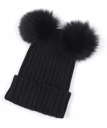 Skullies & Beanies Women Double Hairball Pom Pom Beanie Winter Warm Hat Crochet Knit Cap - Black - C718945NET6 $12.70