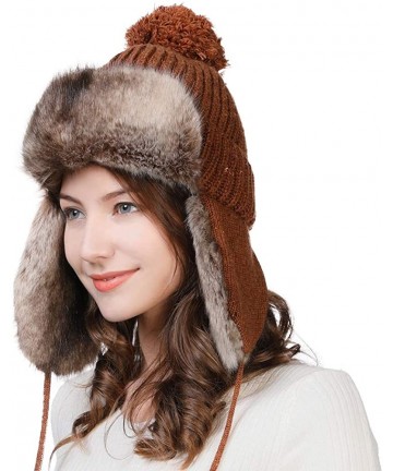 Bomber Hats Ladies Earflap Trapper Hat Faux Fur Hunting Hat Fleece Lined Thick Knitted - 99725_brown - CT18KISQIOZ $34.60