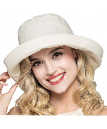 Sun Hats Women's Cotton Bucket Hat Sun Summer Color Beach Caps Big Fold-up Brim - Beige - CJ17Z59QQQ5 $21.31