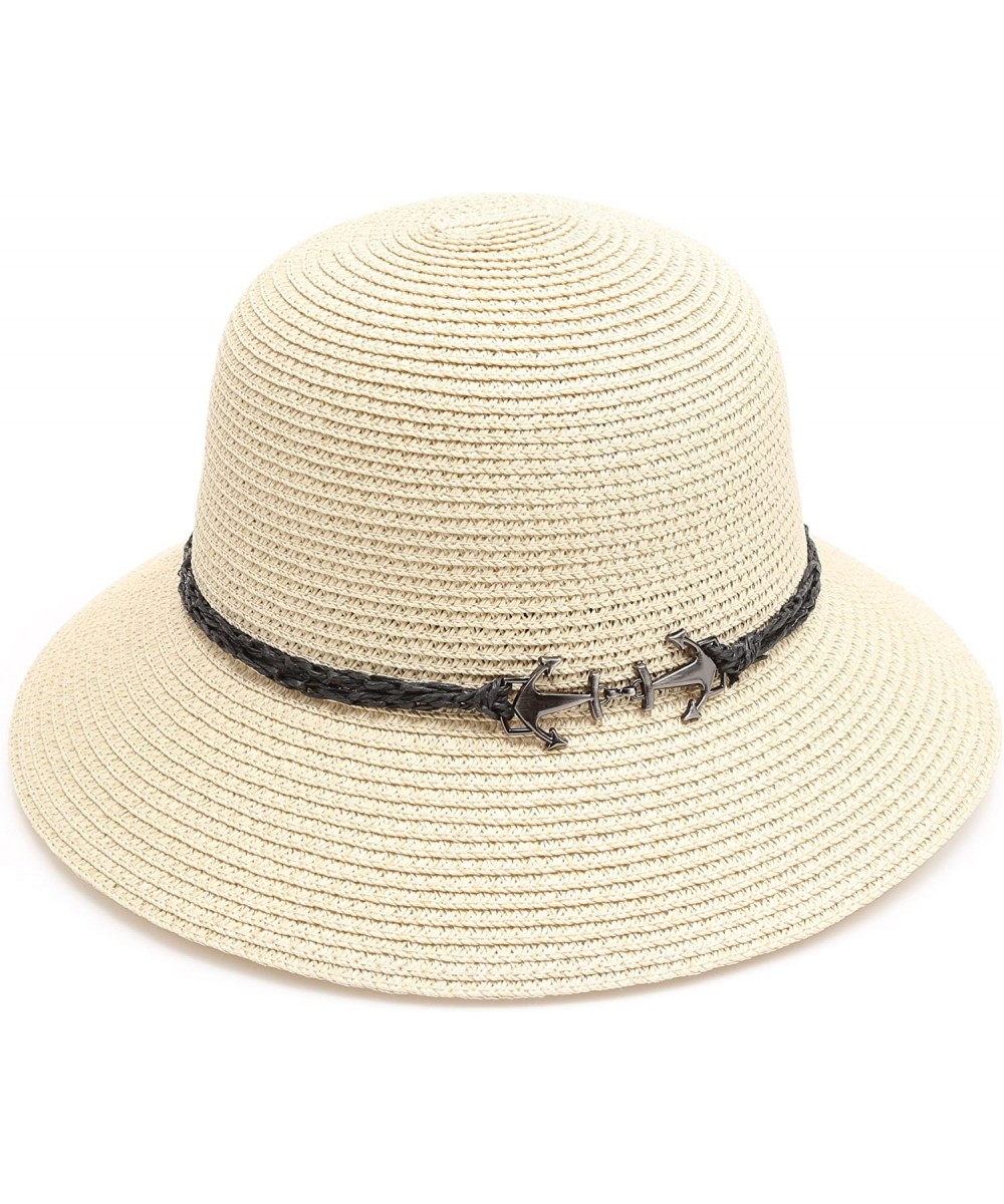 Fedoras Women's Summer Straw Sun Beach Fedora Hat with Band - Anchor-beige - C118D45C9ET $13.24