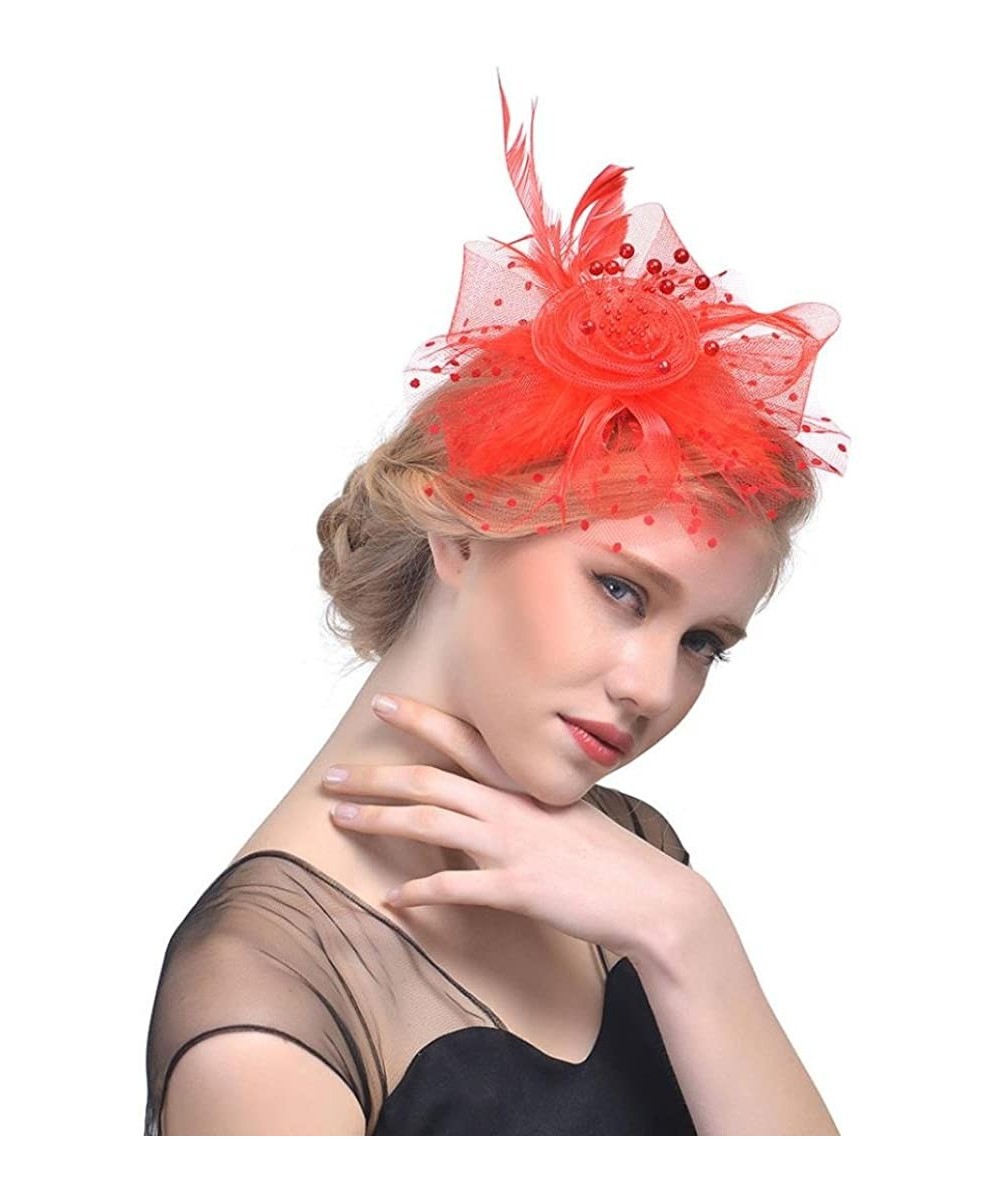 Baseball Caps Fascinators Hat Flower Mesh Feathers Headwear Cocktail Party Derby Hat - Red - CD18E6EXX3L $11.82