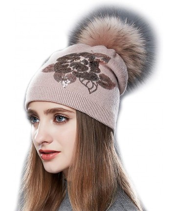 Skullies & Beanies Winter Fur Pom Bobble Cap Women Wool Slouchy Beanie Hat Chunky Skullies - Eraser Pink - CD1867UKZ66 $36.36