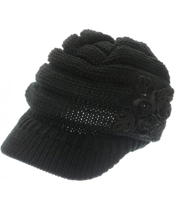 Newsboy Caps Women's Knit Newsboy Hat with Satin Flower - Black - CC11OLQIQHZ $20.07