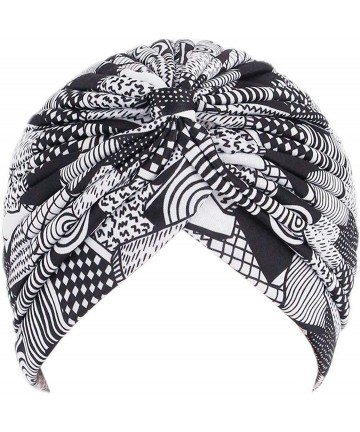 Skullies & Beanies Women Pleated Twist Turban African Printing India Chemo Cap Hairwrap Headwear - Black and White - C618X3XQ...