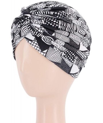 Skullies & Beanies Women Pleated Twist Turban African Printing India Chemo Cap Hairwrap Headwear - Black and White - C618X3XQ...