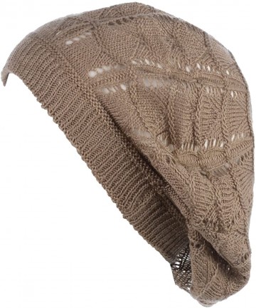 Berets Chic Parisian Style Soft Lightweight Crochet Cutout Knit Beret Beanie Hat - Wavy Stripes Dark Beige - CS18EMI4DYO $17.07