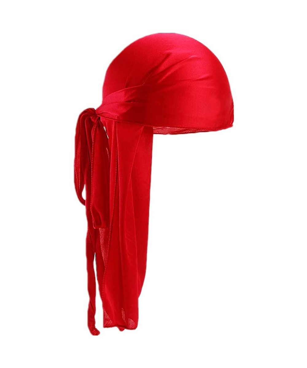 Skullies & Beanies Men Women Durag Extra Long-Tail Headwraps Silky Satin Pirate Cap Bandana Hat for 360 Waves - Red - CQ18LEX...