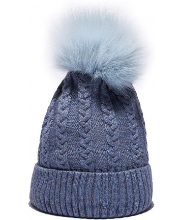Skullies & Beanies Womens Winter Knit Slouchy Beanie Hat Warm Skull Ski Cap Faux Fur Pompom Hats for Women - Lake Blue - CQ18...