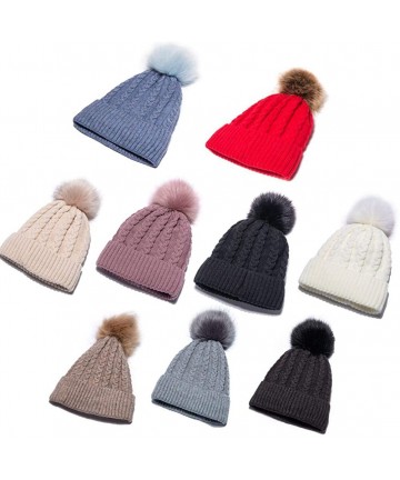 Skullies & Beanies Womens Winter Knit Slouchy Beanie Hat Warm Skull Ski Cap Faux Fur Pompom Hats for Women - Lake Blue - CQ18...
