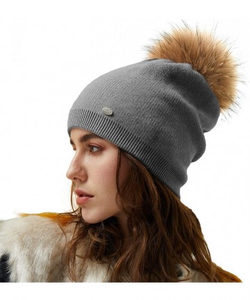 Skullies & Beanies Women Winter Pom Pom Beanie Hats Warm Solid Colors Winter Hat for Women Soft Wool Slouchy Beanie - Dark Gr...