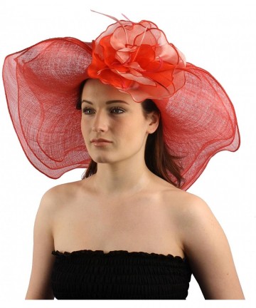 Sun Hats Summer Kentucky Derby Side Flip 7" Brim Layer Floppy Flower Feathers Hat - Red - CY11ULM0SI3 $68.39