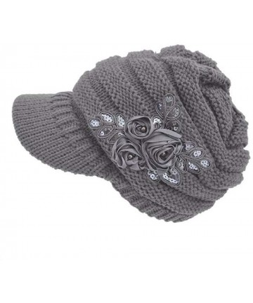 Skullies & Beanies Women's Soft Cable Knit Cancer Cap Visor Hat Newsboy Caps with Flower Accent - Gray - CB18L8RO4RI $13.84