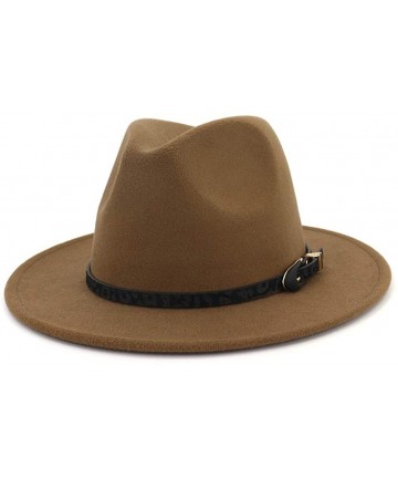 Fedoras Womens Wide Brim Felt Fedora Hat Ladies Panama Hat with Belt Buckle - Khaki - C018IWTN3LE $18.36