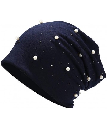 Skullies & Beanies Muslim Turbans for Womens Fashion Women Stretch Headgear Pure Color Pearl Head Scarf Wrap Hat Cap - E - C0...