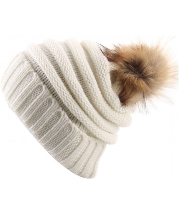 Skullies & Beanies Women's Knit Slouchy Beanie Hat with Pom Pom Fur - White - C312N77Y1LX $22.94