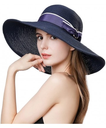 Sun Hats Packable Womens Straw Sun Cloche Kentucky Derby Hat Fedora Summer Wide Brim Beach Navy 56-58cm - CZ18CNCH9CY $35.25