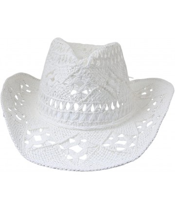 Cowboy Hats Men & Women's Summer Cowboy Cowgirl Straw Hat Hollow Out Woven Roll Up Wide Brim Hat - White - CK18QEH5EUG $12.92