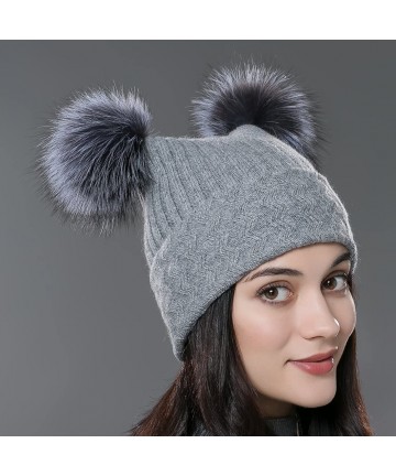 Skullies & Beanies Unisex Autumn Knit Wool Beanie Hat Women Winter Hat with Fur Ball Pom Pom - Light Gray With Fox Fur Pompom...