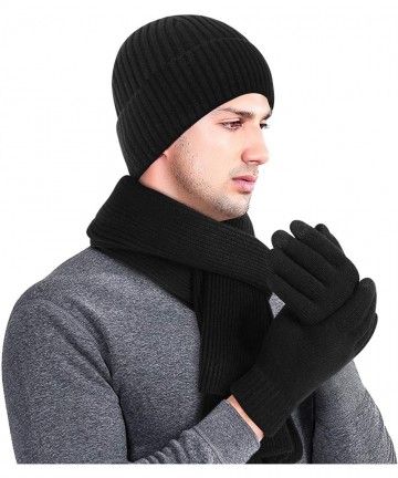 Skullies & Beanies Winter Hat Warm Beanie Hat Knit Gloves Winter Scarf Soft Thick Slouchy Knitted Hat Men Gloves Set - Black ...