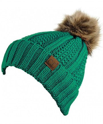 Skullies & Beanies Quality Women's Faux Fur Pom Fuzzy Fleece Lined Slouchy Skull Thick Cable Beanie hat - Sea Green - CL1896Q...